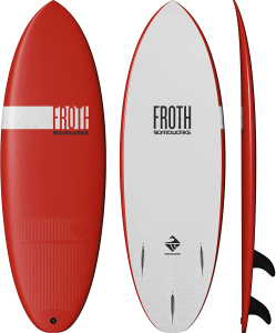 a red and white surfboard